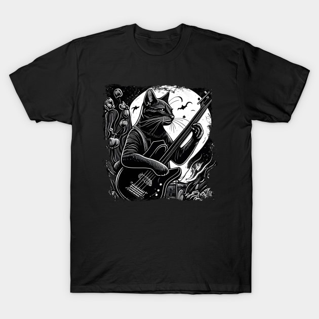 Cute Musician Black Cat Kitty Playing Guitar - Funny Cats T-Shirt by Wesley Mcanderson Jones